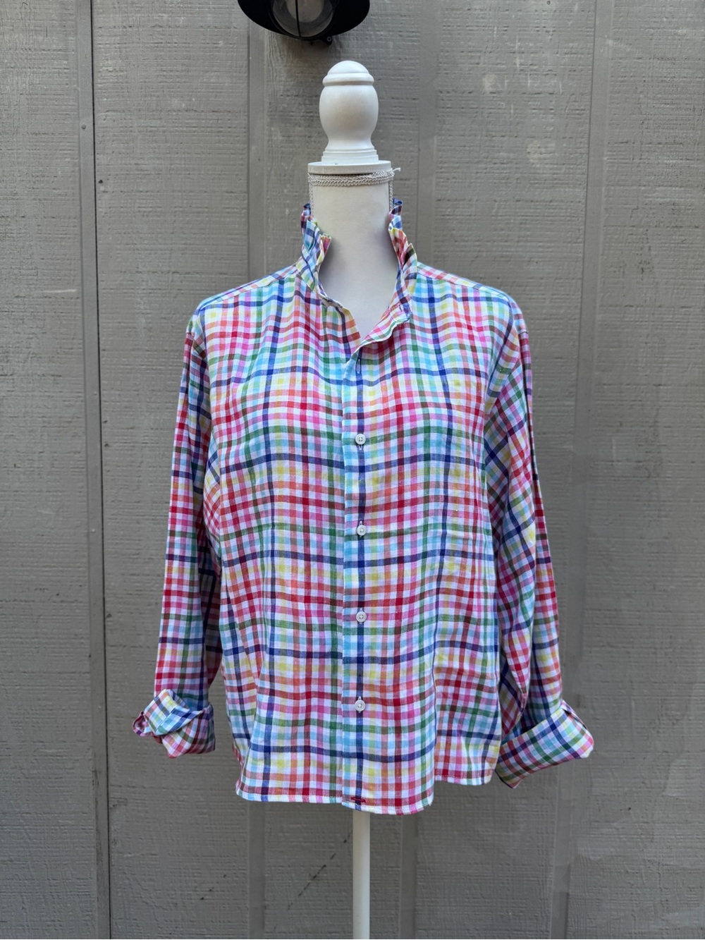 Daniel Cremieux Refashioned Rainbow Plaid Linen Ruffle Collar Crop Button-Down